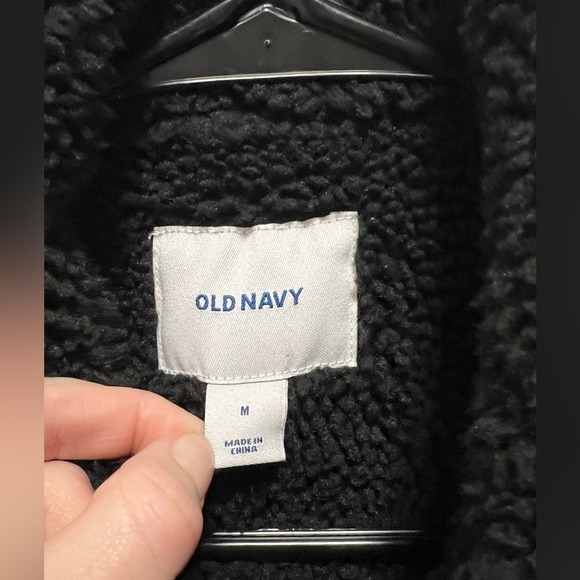Old Navy Boyfriend Jean Jacket Black Denim Metal Button Sherpa Lined Women Sz M - Picture 2 of 9